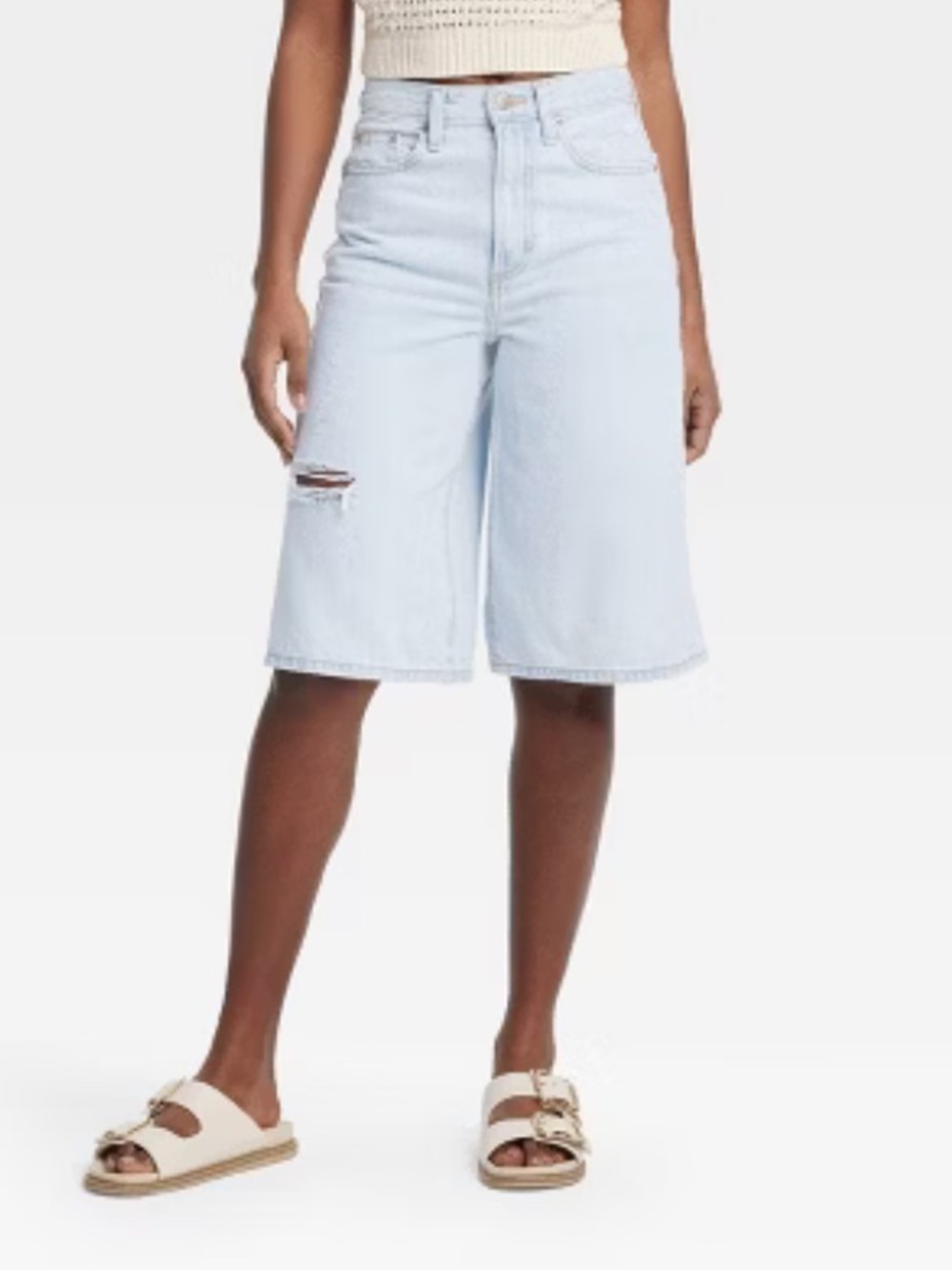 High-Rise Light Blue Denim Bermuda Shorts